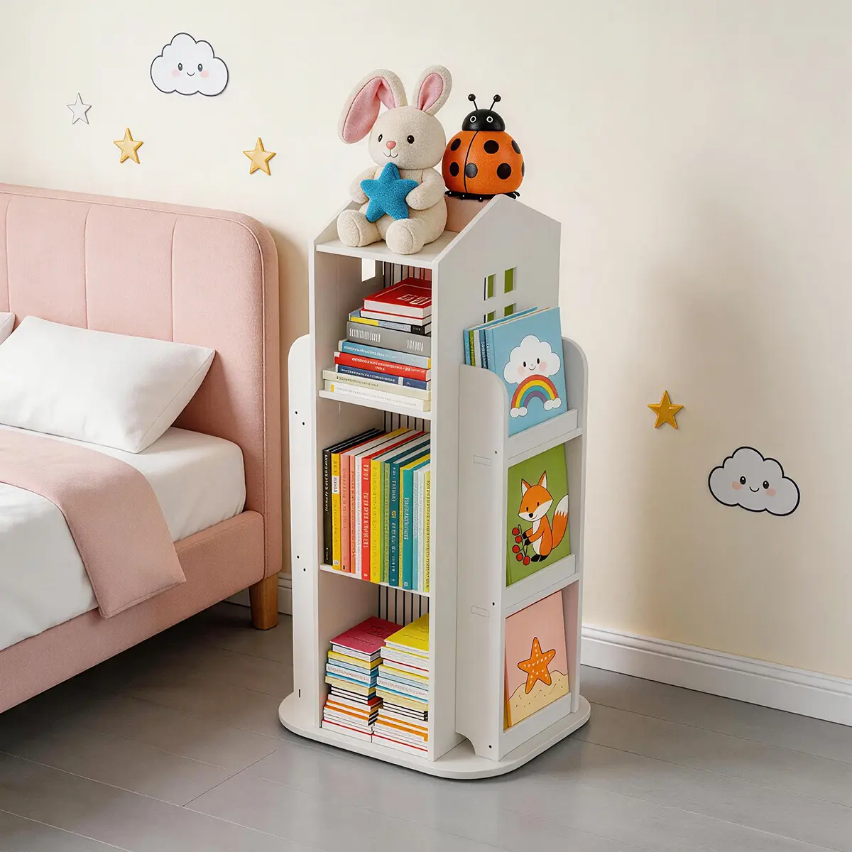 4 Tier Rotating Bookshelf 360° Revolving Bookcase Floor Standing Book Organizer,for Home Office Furniture Bookcase (White)