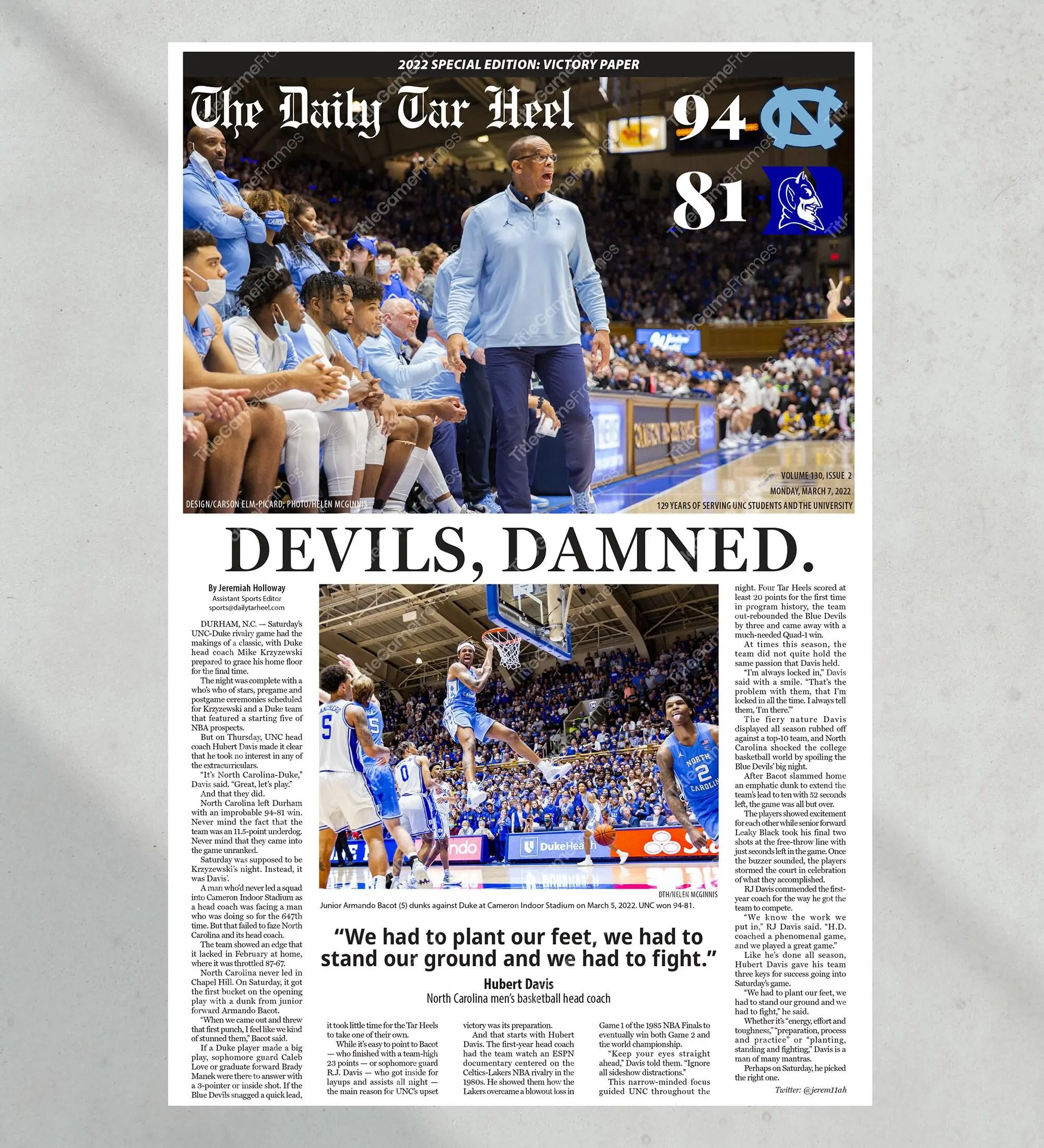 2022 North Carolina Tar Heels NCAA College Basketball Def. Duke Unframed Poster Print Coach K Final Home Game