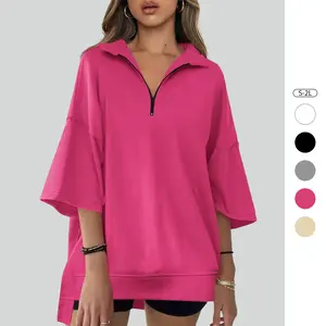 Imily Bela Womens Oversized Sweatshirt Casual Zip Up V Neck 3/4 Sleeve High Low Pullover Tunic Tops