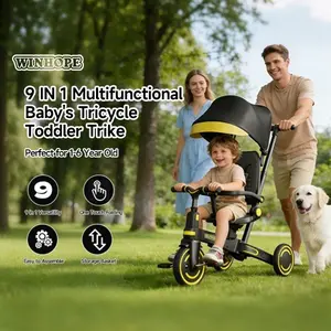 WINHOPE 9-in-1 Toddler Tricycle (1-6Y) | Anti-Tip Chassis + Easy Fold | PU Shock-Absorb Wheels！