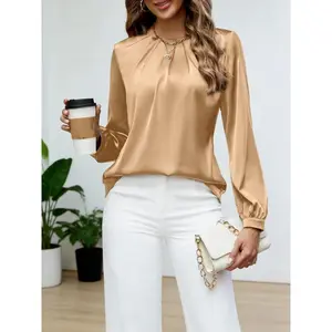 Women's Pleated Blouse Long Sleeve Satin Shirt Business Casual Fall Work Top with Ruffled Detail