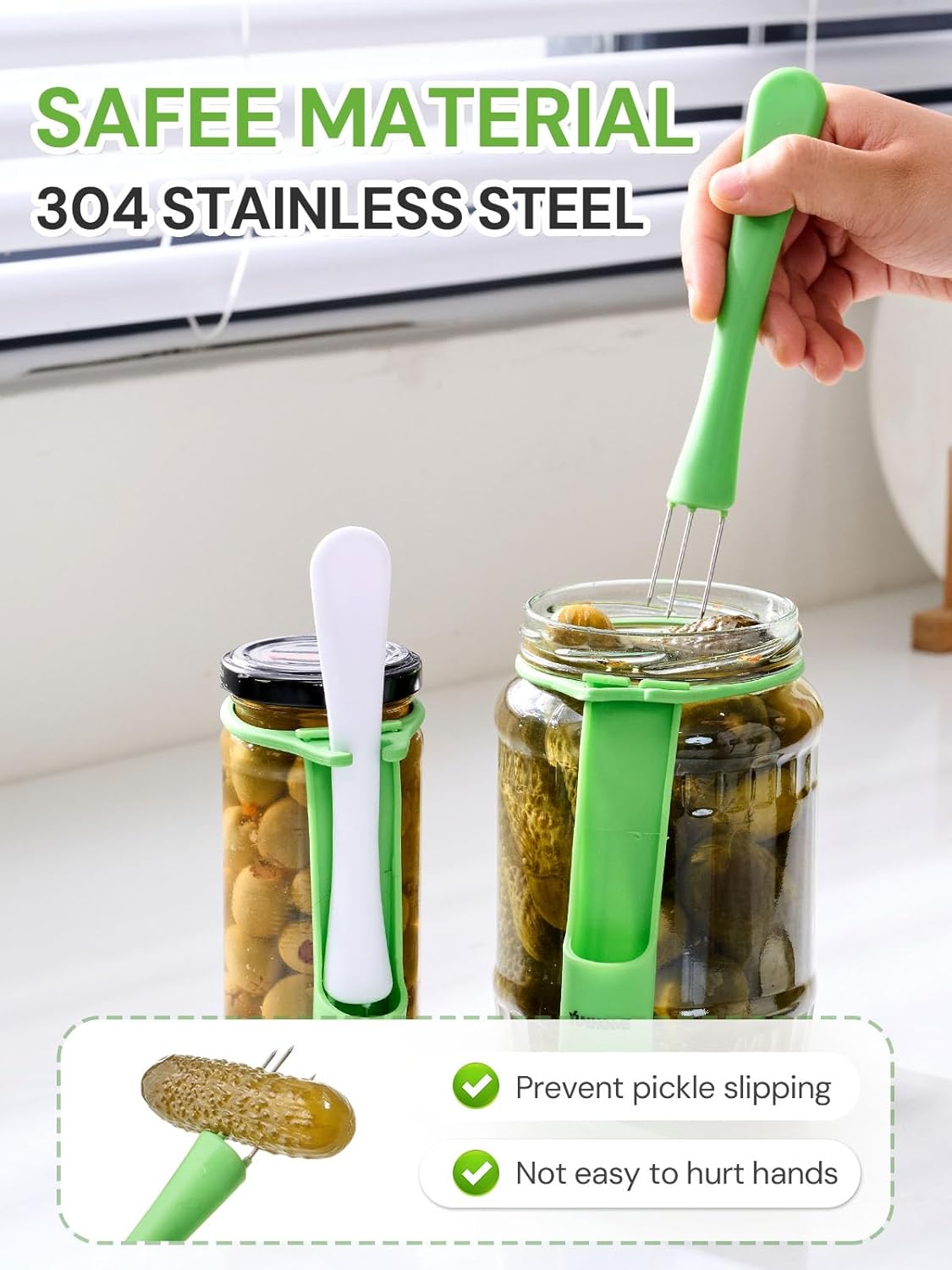Pack of 2 Pcs - Pickle Fork for The Jar, Pickle Grabber Tool, Stainless Steel Olive Grabber Tool, Deep Jar Vegetable Grabber for Olive, Unique Kitchen Gadgets