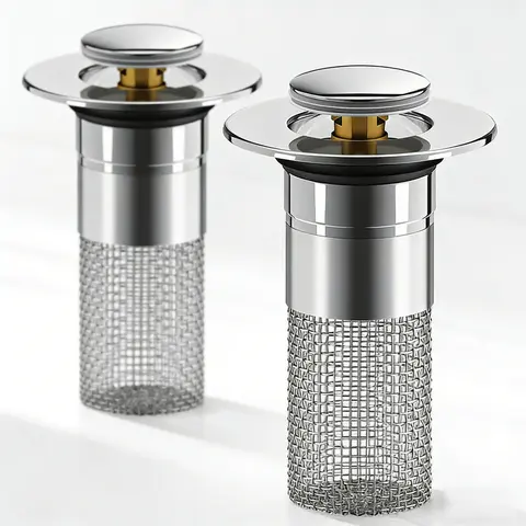 【Suitable only for curved bottom】SUS304 Stainless Steel Universal Press-Type Pop-Up Bathroom Sink Stopper with Removable Clog Basket Drain Protector for US Basins & Bathtubs, Bath Tub Accessories