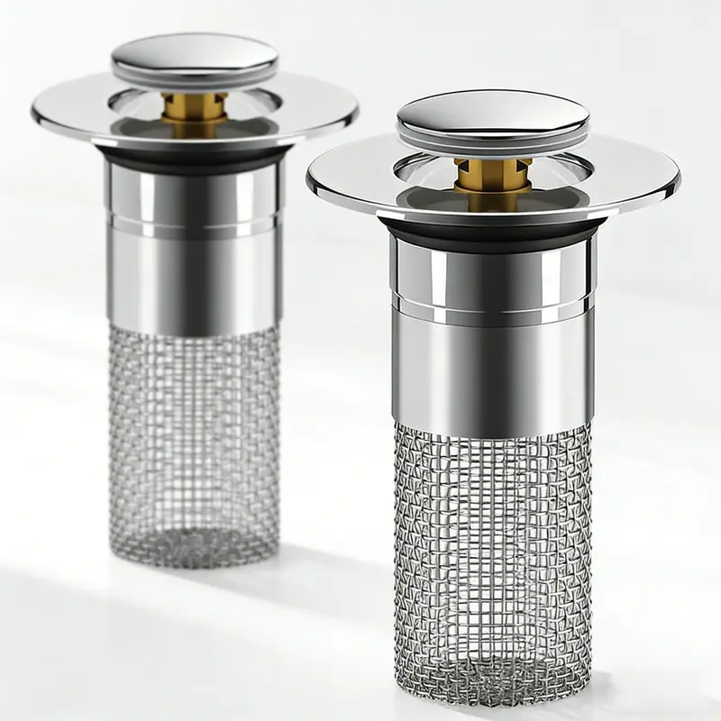 【Suitable only for curved bottom】SUS304 Stainless Steel Universal Press-Type Pop-Up Bathroom Sink Stopper with Removable Clog Basket Drain Protector for US Basins & Bathtubs, Bath Tub Accessories