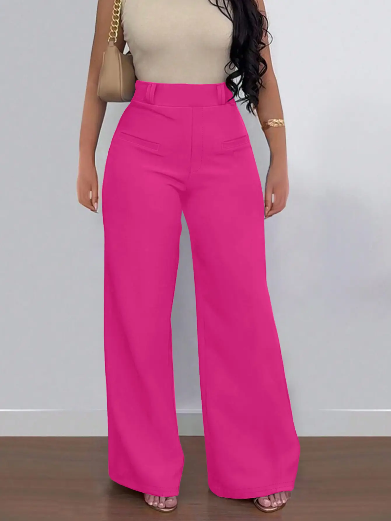 ASANDY Women's High-Waisted Wide-Leg Maxi Pants - Corporate Office Wear, Soft Plain Fabric, Tie-Front Closure, Fitted Cut, Pocket Convenience, Machine-Washable, All-Season Business Casual Bottoms