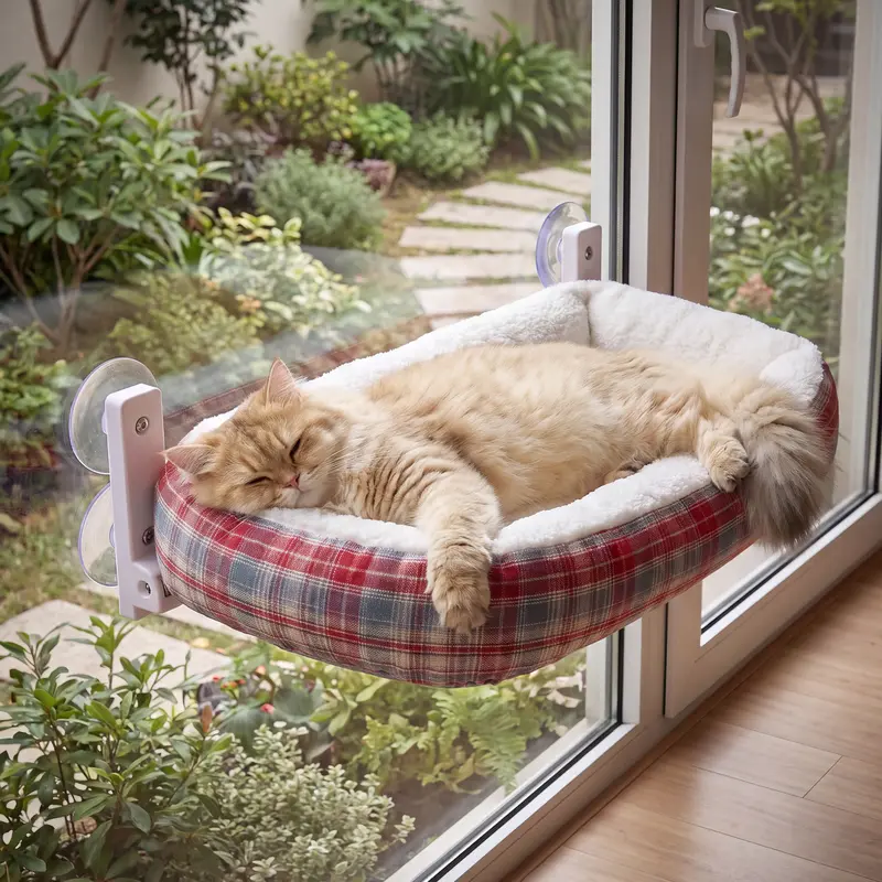Classic Cordless Design Cat Window Hammock - Robust Metal Frame, Strong Suction Cups, Mesh Fabric, Machine Washable, Single-Side Folding, Comfortable Perch & Lounge for Cats