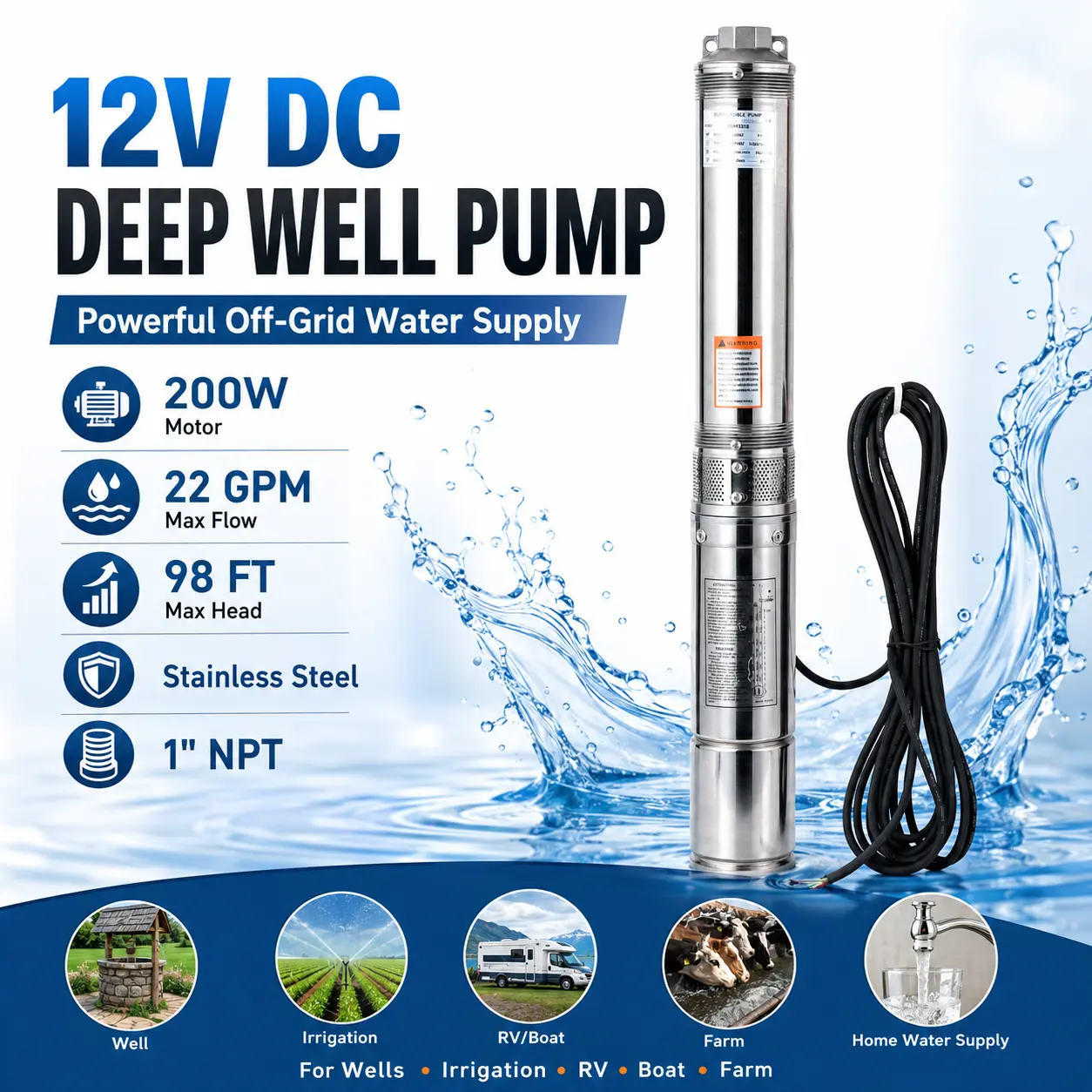 12V DC Deep Well Pump Solar Submersible Water Pump for Well, Livestock Drinking, Tank Filling, Water Reservoir, 200W