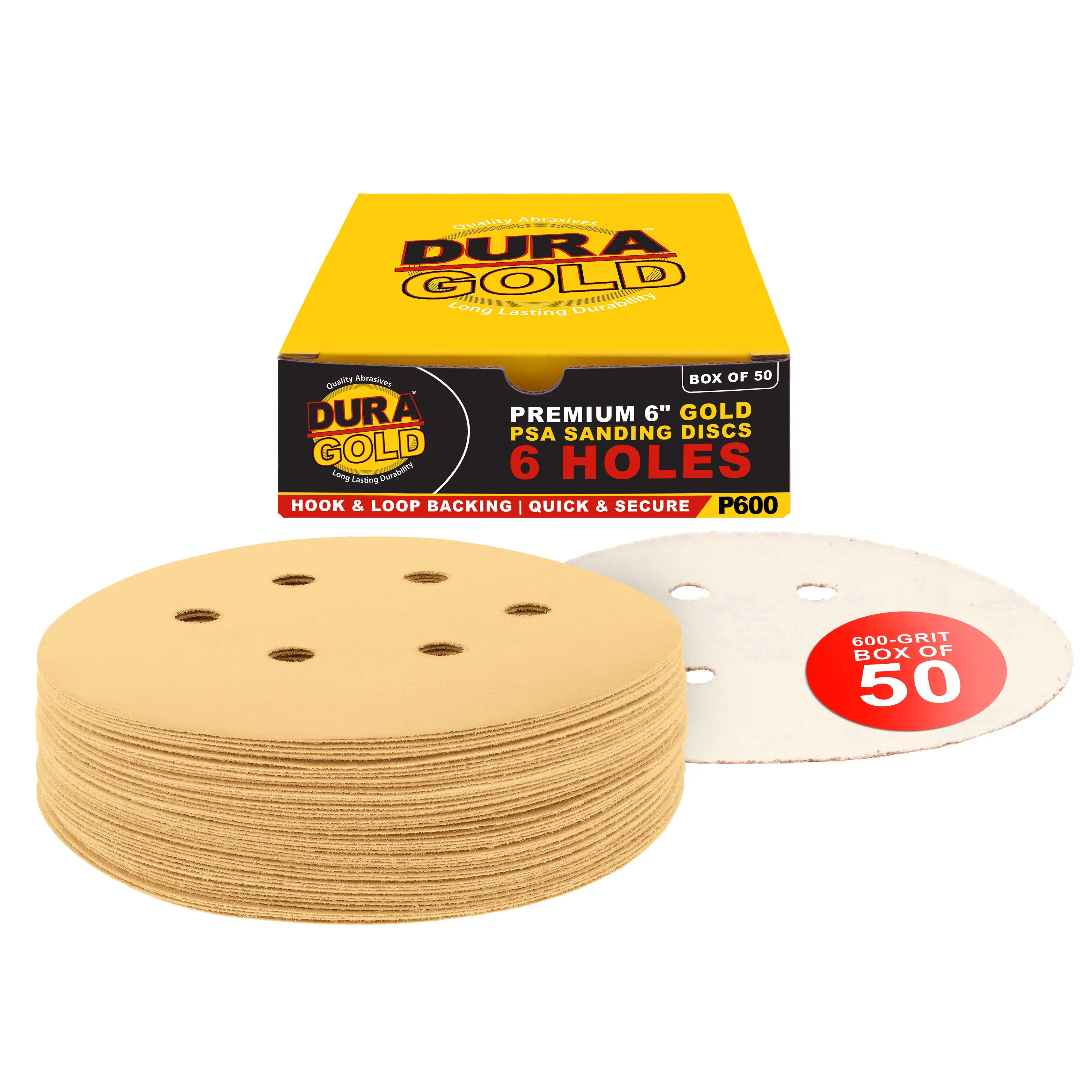 600 Grit - 6" Gold Hook & Loop 6-Hole Pattern Sanding Discs for DA Sanders - Box of 50