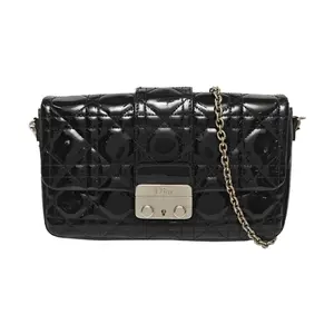 Pre-owned Dior Leather Clutches & Wristlets Christian Miss Black Patent Cannage Quilted Shoulder Bag with Silver Tone Hardware & Detachable Chain Strap