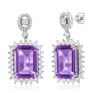 Gem Stone King 10-20 Cttw Gemstone Birthstone Halo Dangle Earrings For Women | 925 Sterling Silver | Emerald Cut 14X10MM | Fine Jewelry Gifts for Her Mom Women Wife