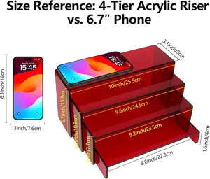 Acrylic Display Riser,4.3mm Heavy Duty Crystal Display Stand Shelf Layered Aesthetic, Jewelry Display Shelf Risers for Décor,4 Pack Set Multi-color (Red)