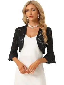 INSPIRE CHIC Open Front Bell Sleeves Elegant Lace Shrug Bolero Cardigan