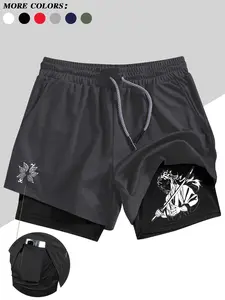 [2-in-1 Quick-Drying Shorts] Men's quick-drying sports shorts, Soft Stretch Shorts, featuring a samurai sword design and a cell phone pocket, moisture-wicking and suitable for gym workouts, running, and basketball training shorts