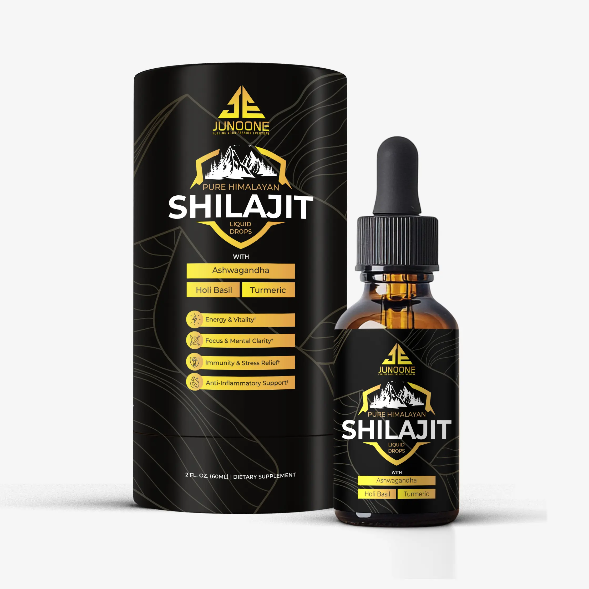 Junoone Pure Himalayan Shilajit Liquid Drops | For Men & Women  | Ashwagandha, Turmeric & Holi Basil| Fulvic Acid & 85+ Trace Minerals | 60ml supplement dietary