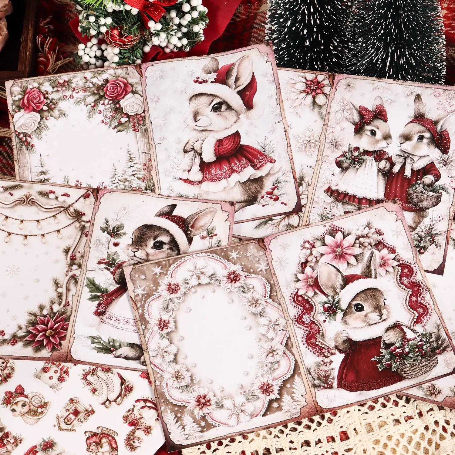 JAIIMAN 54pieces(12 A5 Papers and 42stickers)Christmas Bunnies DIY Scrapbook Paper Pack, for Gift Wrapping Paper, Journaling Supplies, Scrapbooking Supplies, Paper Craft, Christmas Collage Decoration, Handmade Crafts