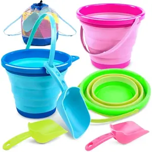 3 Packs Foldable Pail Bucket with Shovels & Mesh Bag, Collapsible Buckets Multi Purpose for Beach, Camping Gear, Beach Party, Fishing, and Fun Summer Activities (Blue/Pink/Green)