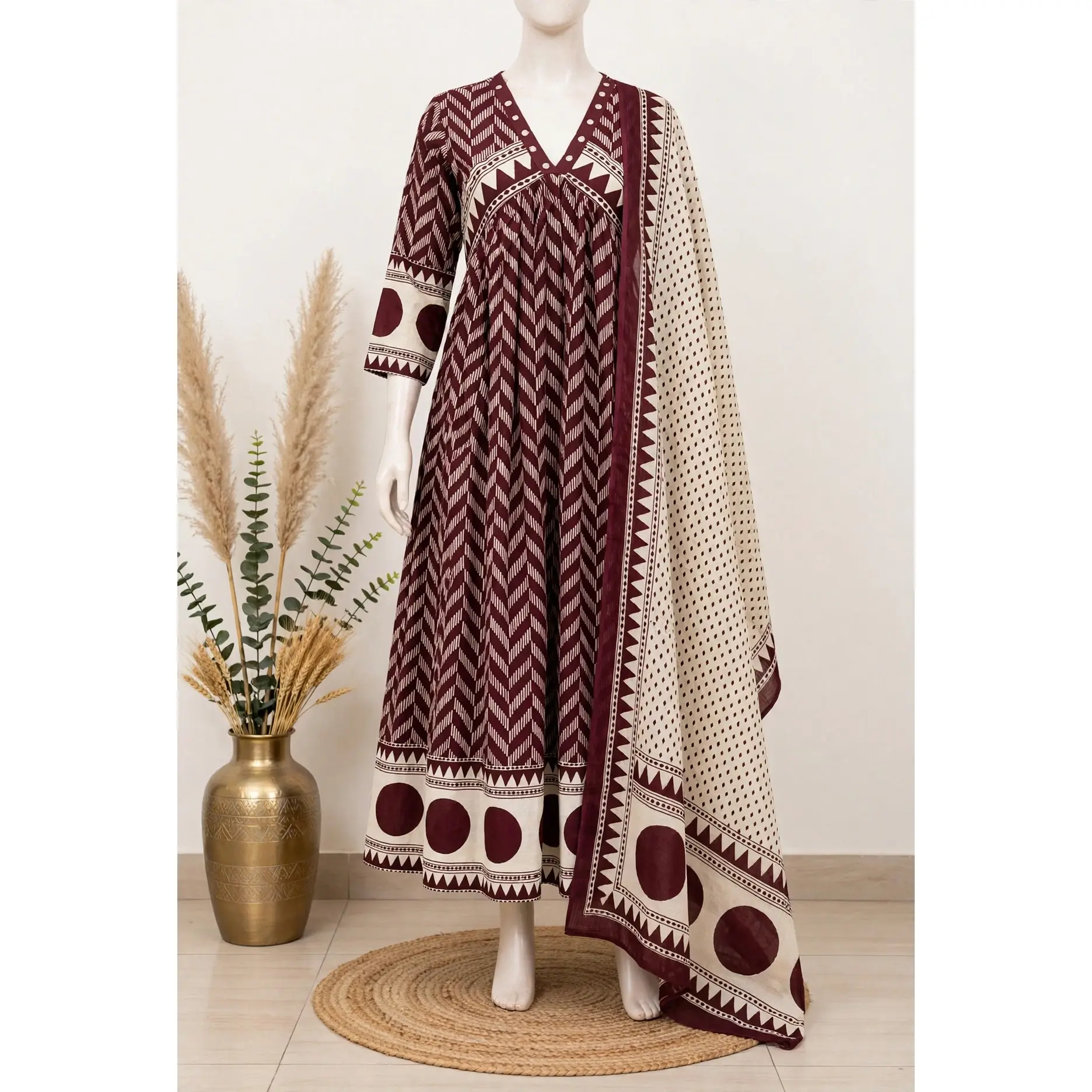 Maroon Chevron Print Anarkali Set with Cream Dupatta