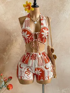 Summer Sexy Girl Vacation Set, Textured Print Halter Two-Piece Set, Beach Holiday, Stylish and Comfortable