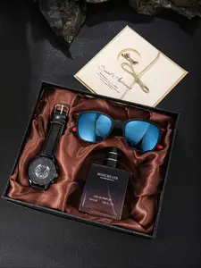 4pcs Treasure Watch Gift Box Set, Cool Wristwatch & Blue Mirror Sunglasses with Attractive Fragrance, Trendy Style, Perfect Gift, Men Gifts