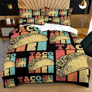 Vintage Food Illustration Duvet Cover Set, Includes 1 Duvet Cover and 1/2 Coreless Pillowcases, American Fast Food Style Bedding