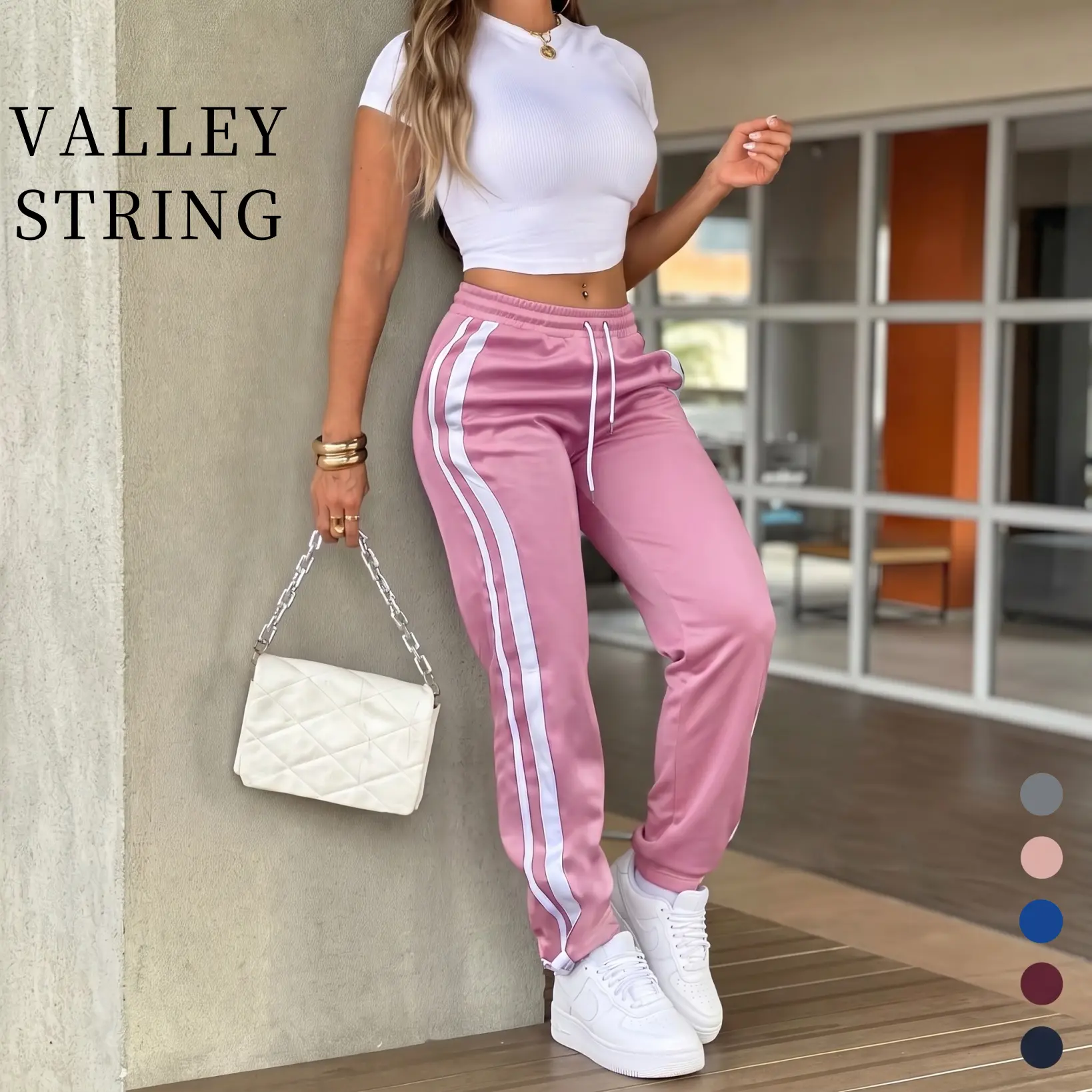 Women’s jogger sweatpants with two white stripes along the side, elastic waistband with drawstring, casual street-style athletic long pants, casual sweatpants, soft, breathable fabric that is comfortable against the skin.Suitable for various scenarios suc