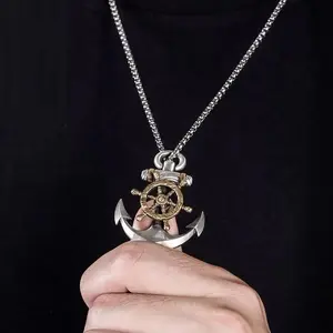 Vintage Anchor Necklace for Men Trendy European and American Street Style Compass Rudder Pendant Versatile Rotating