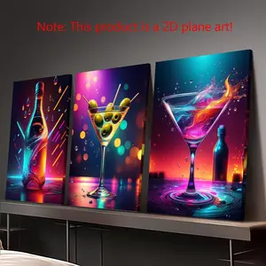 2D flat paintings, three-piece framed set, includes various decorative prints such as humorous martini art, everyday bar themes, and neon wine glass designs.Perfect for bar or restaurant decoration