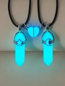 Night Glow Heart Star Moon Shape Couple Necklace Set, Luminous Column Pendant, Valentine's Day Anniversary Gift, Jewelry Accessories