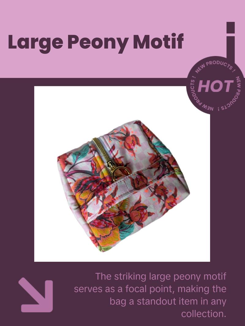 Pink Peony Anything Bag - Floral and leaf pattern with large peony motif on pink checkered background and gold colored hardware