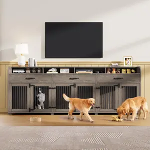 [Ships in 2 Boxes] VanAcc 95" Large Dog Crate Furniture with Storage, 3-Room Indoor Wooden Dog Kennel for Large/Medium Dogs, TV Stand & Sideboard with Drawers & Removable Divider
