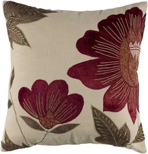 HomeRoots 403115 Red & Beige Floral Down Filled Throw Pillow, Beige