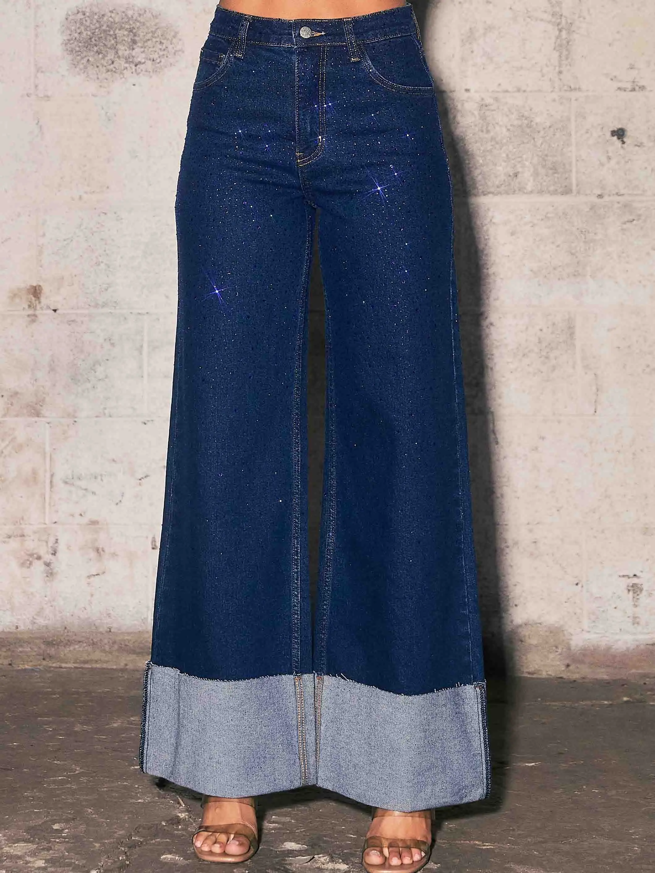 [XPT643] Rhinestone High-Rise Cuff Up Wide Leg Jeans