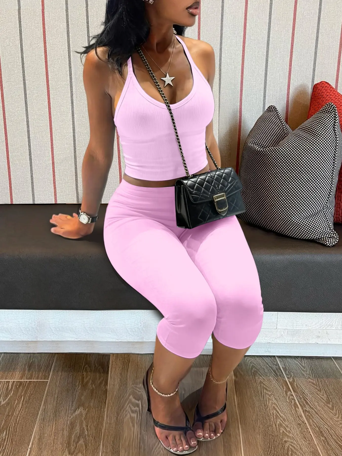 LovelyWholesale-US Women's Fashion Casual Lightweight Breathable Sleeveless Vest and Six-Inch Pants Two-Piece Set, Fitted Basic Plain Design, Short Sleeve, Drawstring Bottoms, Outfit