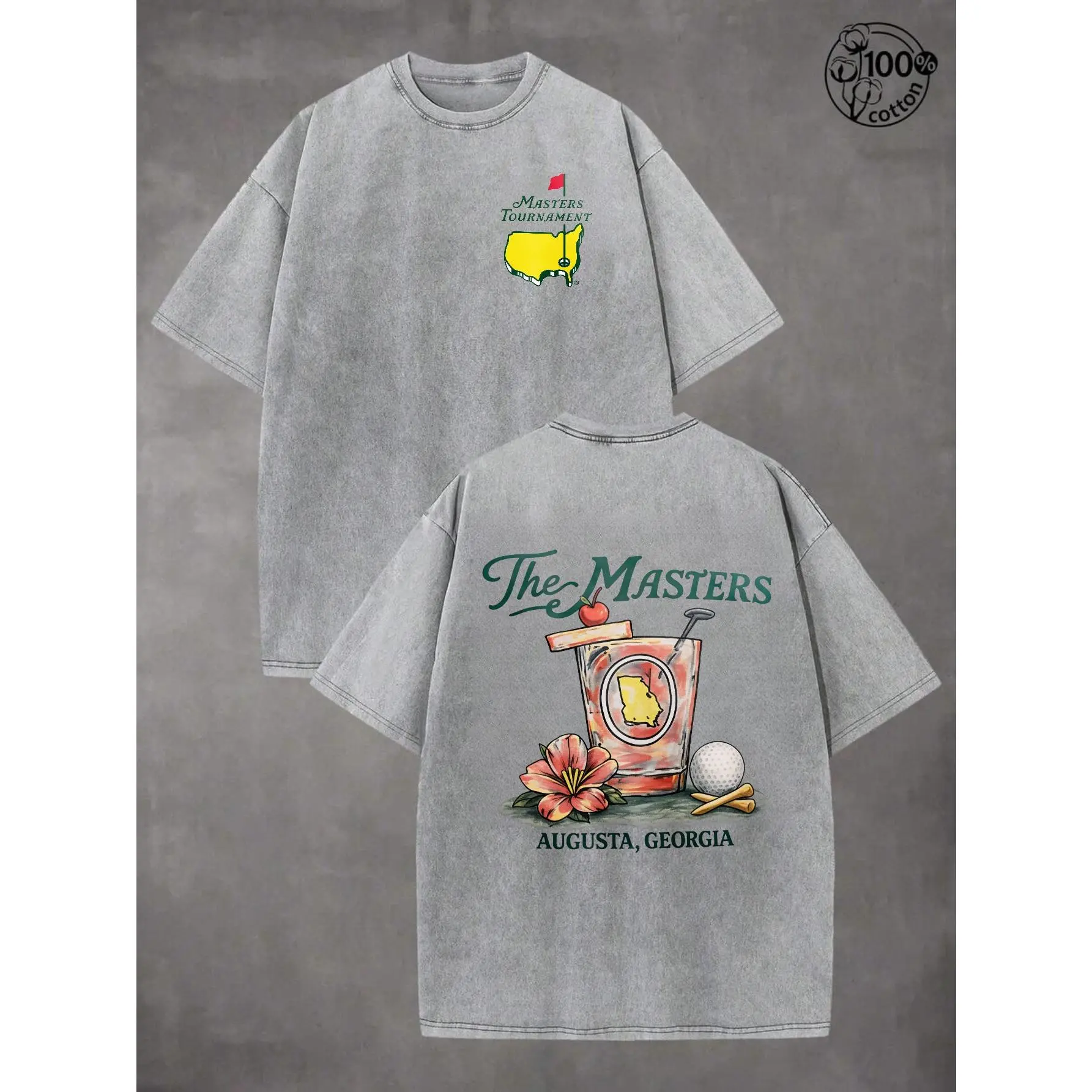 Men's Masters Golf Inspired Graphic Vintage Washed Tshirt, The Masters Augusta Georgia Golf Map And Cocktail Design Casual T Shirt For Golf Lovers And Events,Perfect Gift Idea,Fashion Spring/Summer Top
