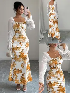 New Women's Square Neck Bow Chiffon Floral Bubble Sleeve Dress, Perfect for Dates, Parties, Daily Wear, Waist Cinched Slimming, Elegant Long Dress