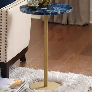 SALE - Oceana Round Agate Top End Table with Gold Base for Modern Home Decor 16"W x 16"D x 25.5"H Blue Agate Stone & Brass Iron Base
