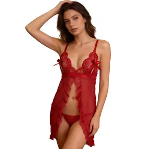 Two-Piece Lingerie Women's Contrast Lace Ruffle Trim Wrap Cami Nightdress & Bow Front Panty Set, Spicy Lingerie Matching Nightwear Style Sheer lingerie set lingerie women sneaky lingerie
