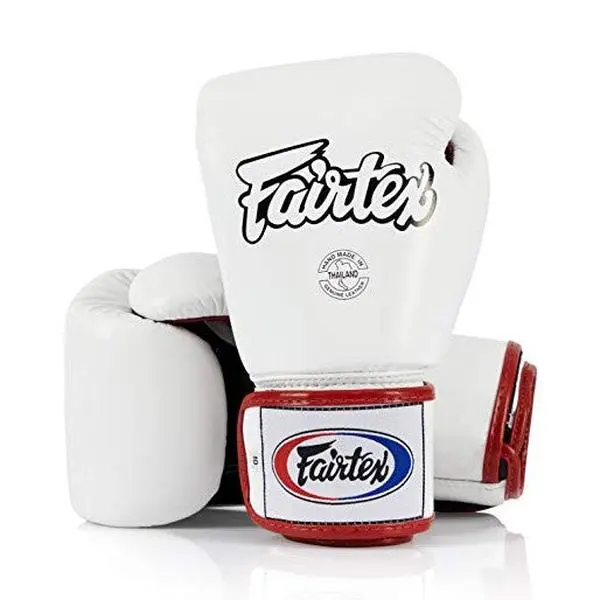 Fairtex BGV1 Leather Boxing Gloves, White/Black/Red, Contoured Performance Sports Gloves for Muay Thai & Martial Arts Training, Martial Arts Style Sports Gloves