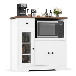 Modern Kitchen Microwave Cabinet Buffet Sideboard, Wood Coffee Bar Station with Glass Doors, Large Utility Storage Hutch Pantry Cabinet with Drawer & Adjustable Shelf for Dining Room Cafe Apartment, White