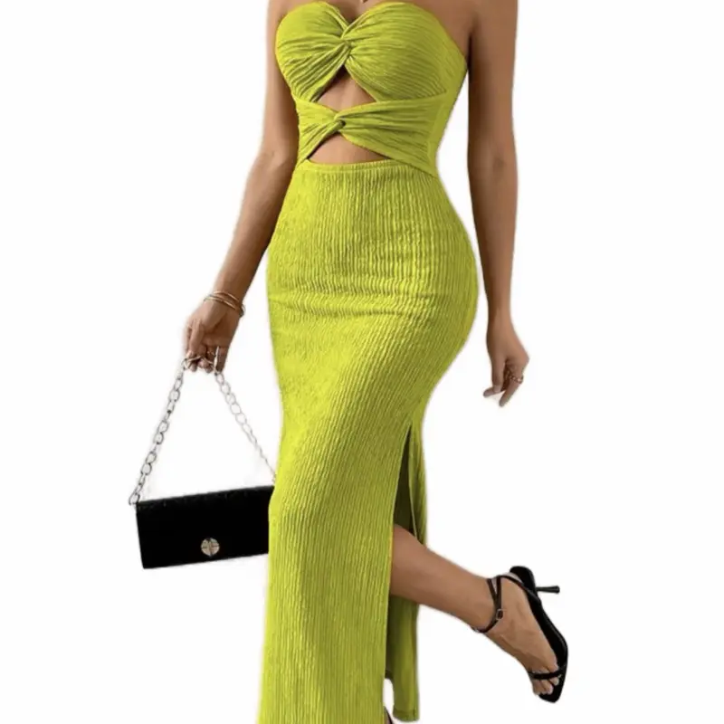 Hollow Out Split Side Bodycon Tube Dress Maxi Neon Lime Green Stretchy Fabric Comfortable Elegance Backless Twist Design Formal Nights out Womenswear Fashion Stylish Outfit Sleeveless Casual Elegant