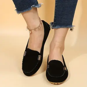 Black Suede Slip-On Loafers for Women |   Lightweight Comfortable Flat Shoes with Metal Buckle |   Non-Slip Soft Sole Casual Daily Shoes (All-Match for Jeans/Dresses