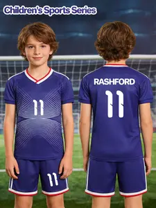2 pieces of color-blocked No. 11 RASHFORD printed boys' short-sleeve football jersey with V-neck, T-shirt and shorts set, suitable as comfortable and fit sportswear for boys.
