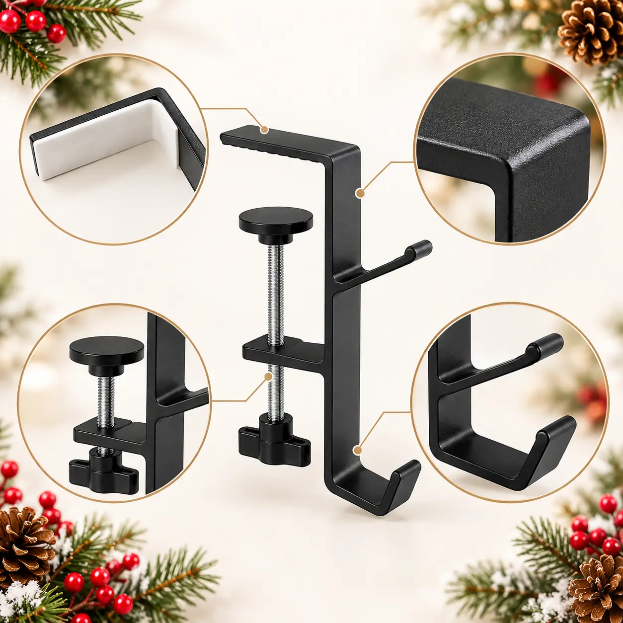 4PCS Christmas Stocking Holders for Mantel, Adjustable 2-in-1 Stocking and Garland Hangers, No-Drill Aluminum Alloy Hooks, Black