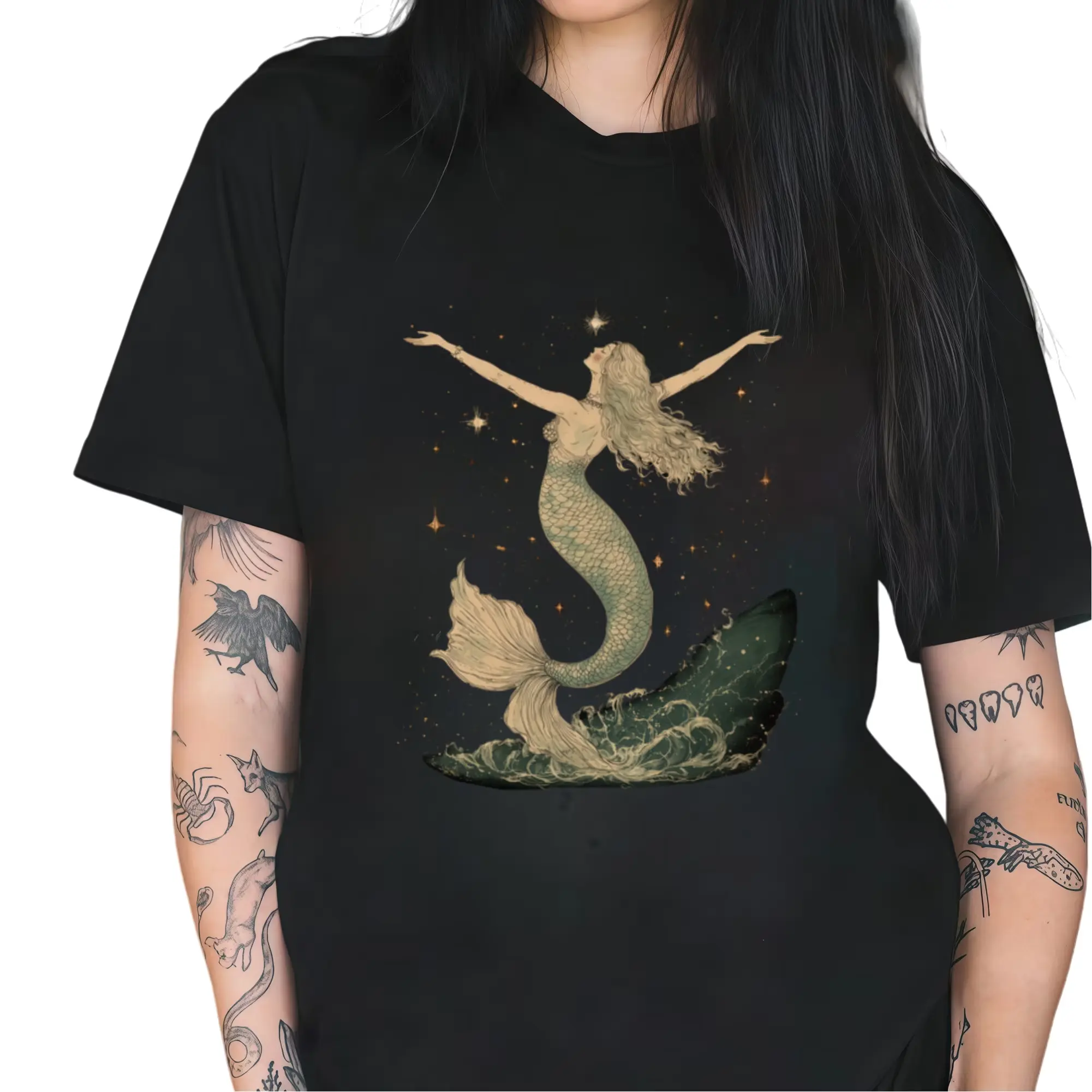 Celestial Mermaid Graphic T Shirt 100 Percent Cotton Short Sleeve Crew Neck Top Ocean Siren Vintage Gothic Astrology Mystic Magic Fantasy Art Outfit Gift for Women Men Unisex