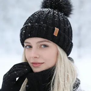 Warm Winter Beanie Scarf Gloves Set Soft Knit Hat and Touchscreen Gloves for Cold Weather with Pompom Detail