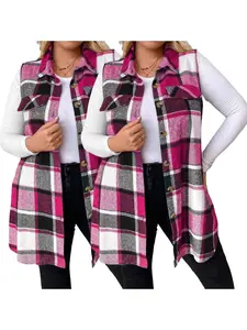 Plus Size Women's Plaid Casual Vest Jacket (fake Pockets), Collared, Button Front, Fitted Sleeveless Design, Fall & Winter Fashion Outerwear, Tops, Sleeveless Vests