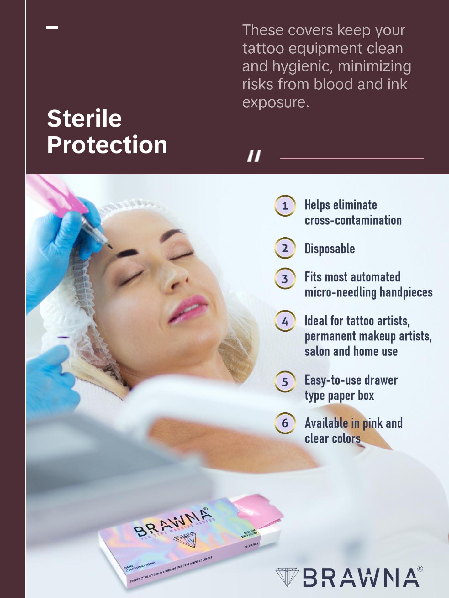 BRAWNA 220 Pack Disposable PMU, Tattoo & Microneedling Pen Type Machine Covers - Pink