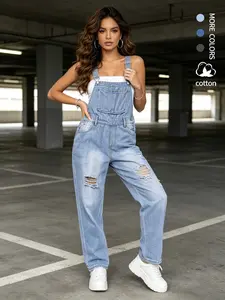 Women's Summer Denim Overalls, Washed Multi-Pocket Design, Plain Hole Straight Leg, Slim Fit, Casual Street Style, Versatile Everyday Wear