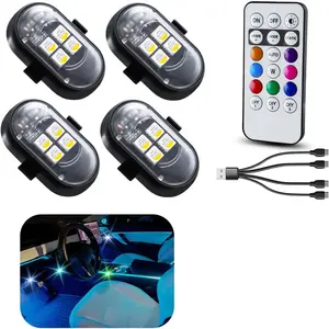 Upgraded 4PCS Wireless LED Lights for car with Remote, Rechargeable Waterproof 8-Color Interior Car Light, Mini LED Strobe Lights for Vehicle Drone Motorcycle Bike
