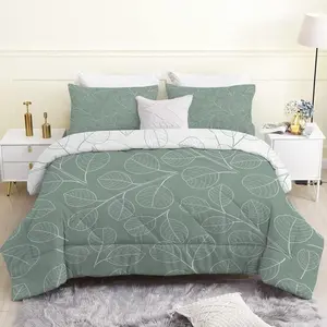 3-piece refreshing leaf-pattern quilt set (1 reversible cotton quilt with filling + 2 pillowcases without inserts), the quilt contains 200gsm filling, is soft and breathable, features digital printing, and is suitable for bedroom, dormitory, and home use